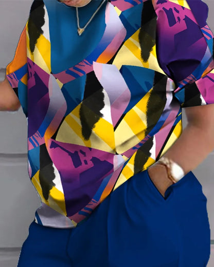 Casual Loose Short Sleeve Tshirt Shorts Set Office Lady Summer Fashion O-neck Colorful Print Two Piece Set Women Outfit 2023