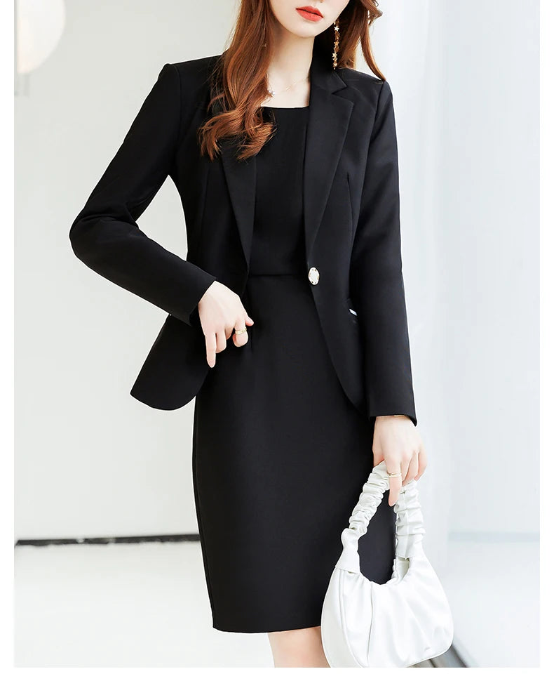 Yitimuceng Women Elegant Office Dress Set Slim Fit Fashionable Monochromatic Single Button New 2 Pcs Set