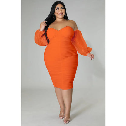 CM.YAYA Plus Size Women Mesh Patchwork Off Shoulder Ruched Bodycon Midi Dress evening Winter 2022 Sexy Party Club Prom Dresses
