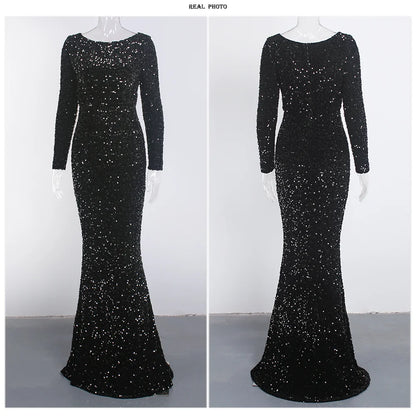 Romagic Elegant Women Modest Stretch Sequin Royal Blue Wedding Prom Gown Long Sleeves Mermaid Formal Evening Party Dress 2025