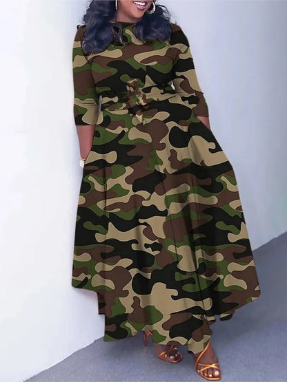 Women's 2024 Autumn New Style Fashionable Elegant Temperament Fashionable Printed Strap Waist Large Skirt Large Size Dress