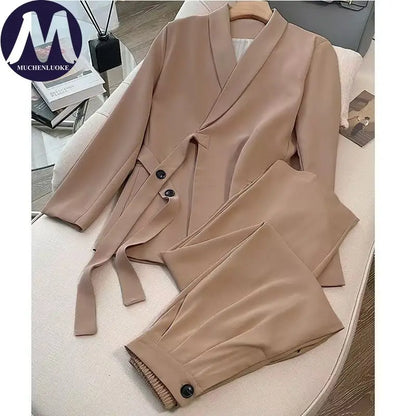 Women's Korean Fashion Long Sleeve Blazer And Wide Leg Pants Two-Piece Set Office Casual Loose Fit Spring Autumn Suits