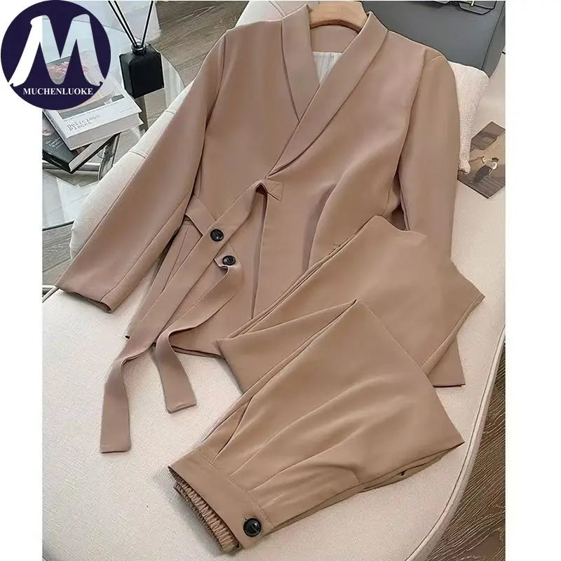Women's Korean Fashion Long Sleeve Blazer And Wide Leg Pants Two-Piece Set Office Casual Loose Fit Spring Autumn Suits