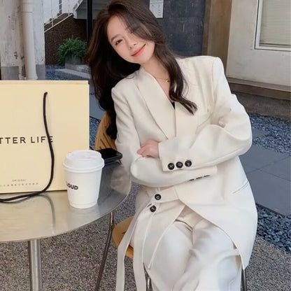 Women's Korean Fashion Long Sleeve Blazer And Wide Leg Pants Two-Piece Set Office Casual Loose Fit Spring Autumn Suits