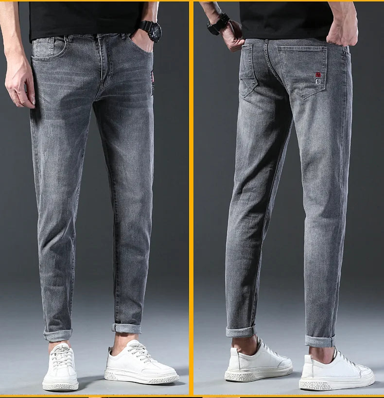 New Arrival Men's Denim Jeans Fashion Straight Slim Elastic Korea Fashion Casual Denim Trousers Male Pants Grey Black Dropship