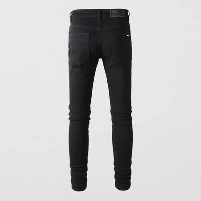 High street fashion new men's black jeans stretch slim fit retro washed leather patch jeans hip-hop brand designer pants Hombre