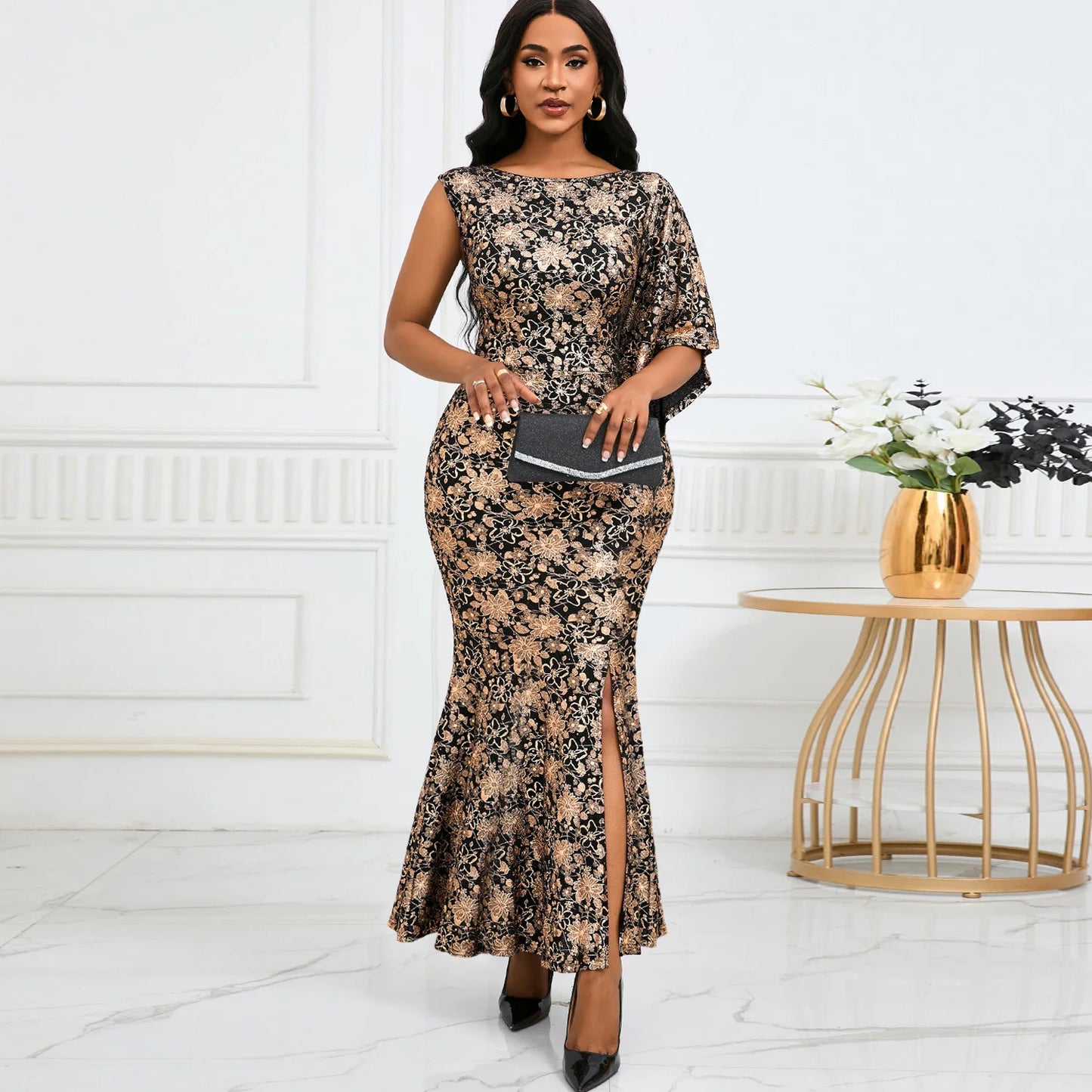 FairyShely 2024 One Shoulder Long Sleeve Plus Size Dress Sexy Women Print Large Big Dresses Lady Party Tight Curvy Sheath Dress