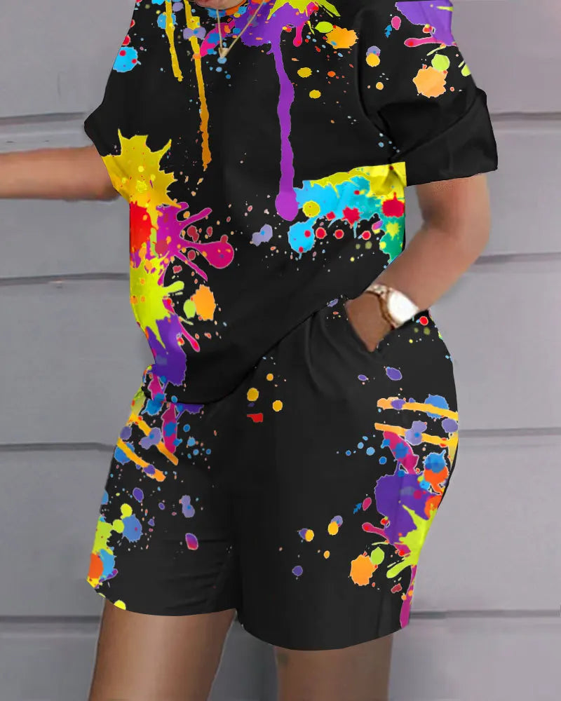 Casual Loose Short Sleeve Tshirt Shorts Set Office Lady Summer Fashion O-neck Colorful Print Two Piece Set Women Outfit 2023