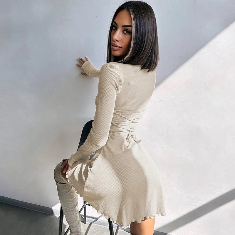 Spring Elegant Pretty Women Dresses New Black Sexy Short Dress Female V Neck Long Sleeve Slim Solid Color Mini Dress