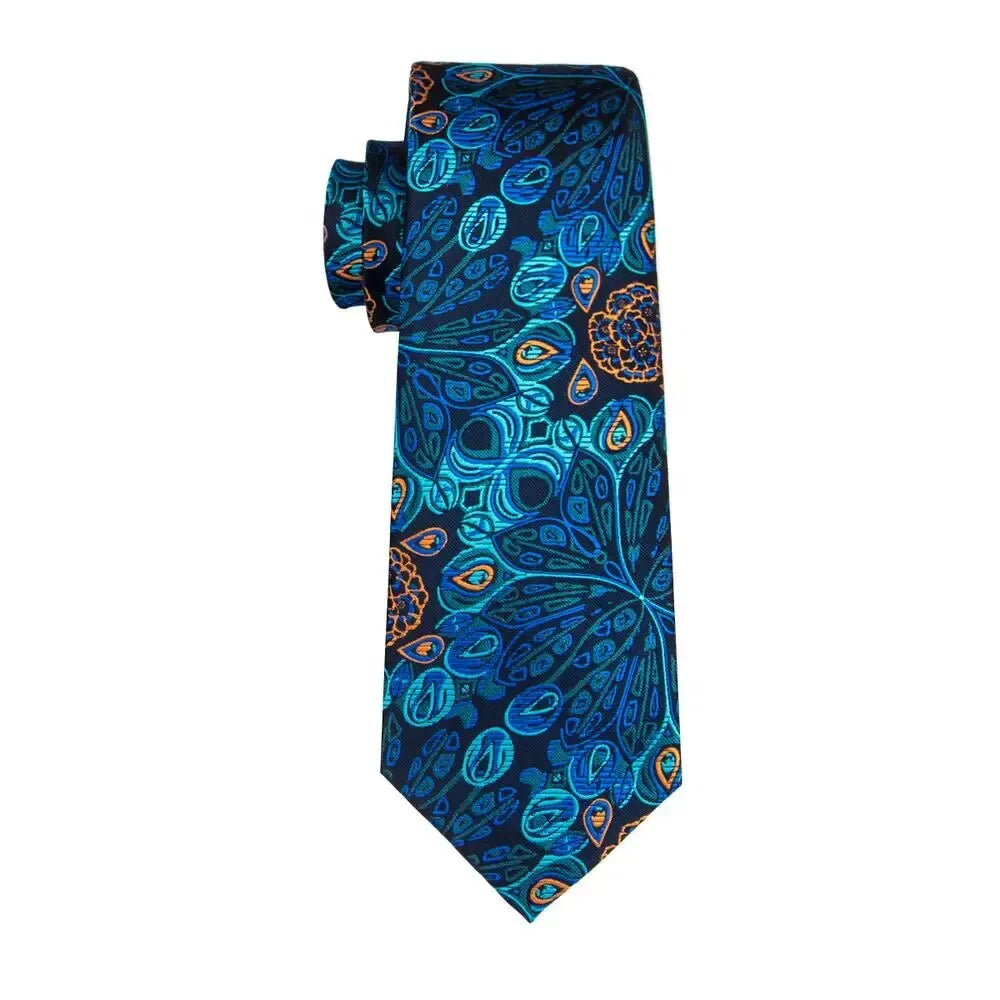 Hi-Tie Peacock Blue Novelty Designer Silk Wedding Tie For Men Hanky Cufflinks Gift Mens Fashion Necktie Set Business Party