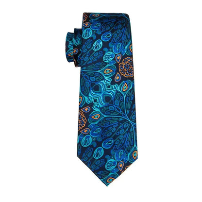 Hi-Tie Peacock Blue Novelty Designer Silk Wedding Tie For Men Hanky Cufflinks Gift Mens Fashion Necktie Set Business Party