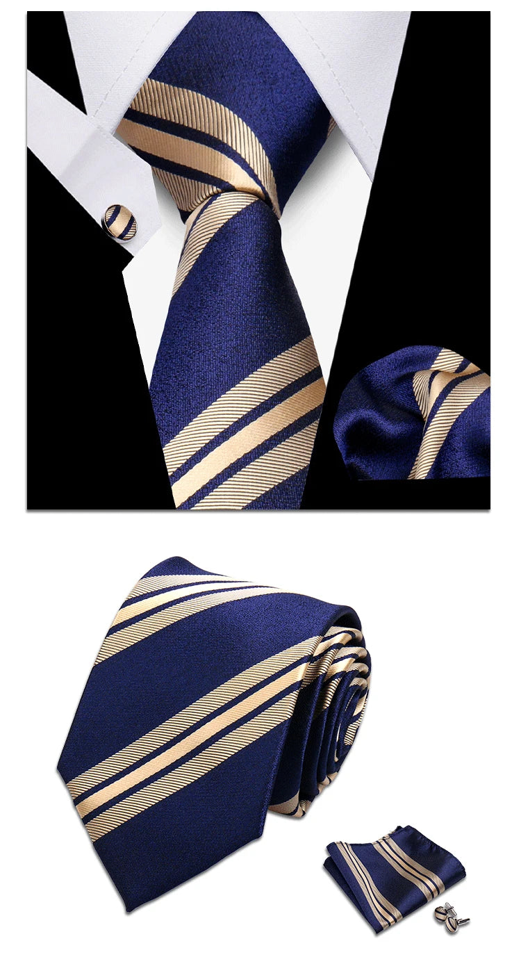 Classic Elegant Ties For Men Fashion Gifts Striped Solid Necktie Handchief Cufflink 3 Pcs Set Wedding Business Suit Accessories