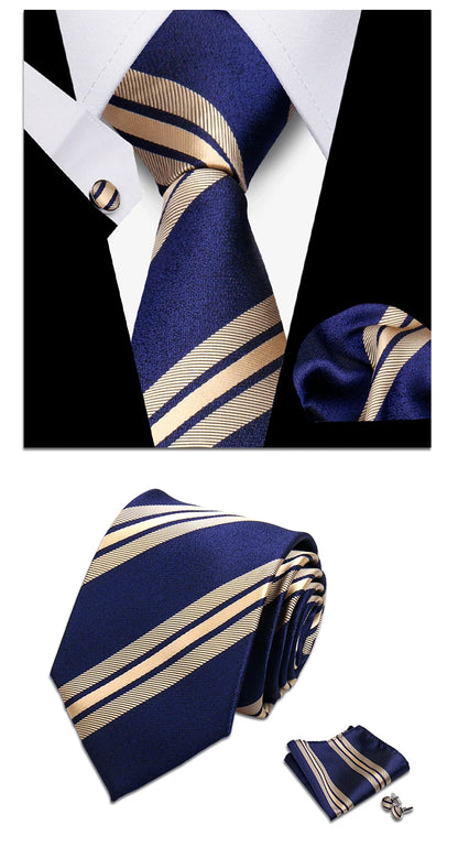 Classic Elegant Ties For Men Fashion Gifts Striped Solid Necktie Handchief Cufflink 3 Pcs Set Wedding Business Suit Accessories
