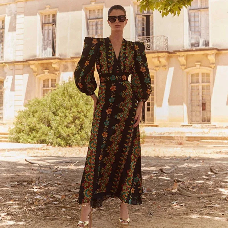 Spring Summer Womens Dress Fashion Printed Long-sleeved Top and Lose Floor-length Skirt Elegant V-neck Women Clothes Vestidos