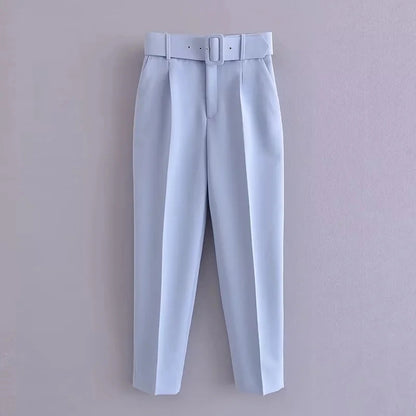 KONDALA Office Lady Light Blue Blazer Suits Women 2 Pieces V Neck Loose Jackets+High Waist Sashes Pants Fashion 2023 Autumn Sets
