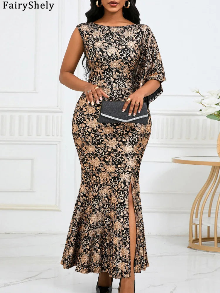 FairyShely 2024 One Shoulder Long Sleeve Plus Size Dress Sexy Women Print Large Big Dresses Lady Party Tight Curvy Sheath Dress