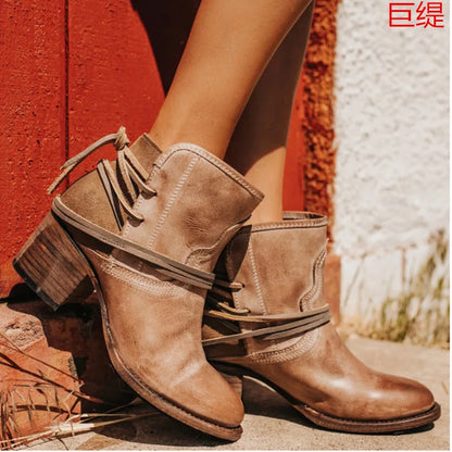 Women Boots 2022 Autumn Vintage Boots Women Chunky Heels Lace-up Booties  Heeled Ankle Boots Botas De Mujer