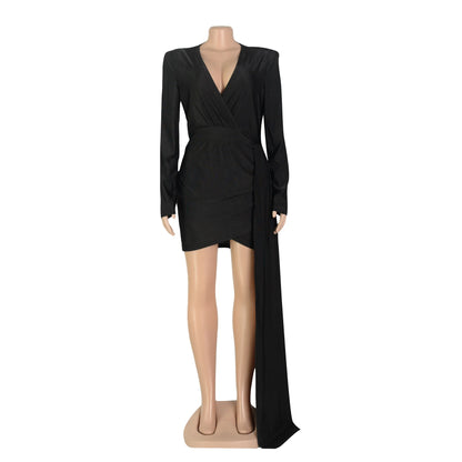 Elegant Deep V Neck Long Sleeve Sequins Prom Dress Women Elegant Wedding Party Mini Fashion Evening Dresses
