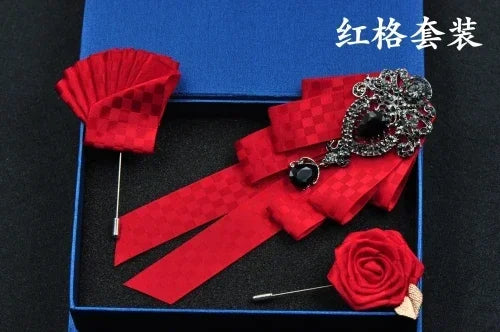 Fashion Handmade Bow Tie Wedding Collar Luxury Rhinestone Bowtie Necktie Brooch Pocket Towel Square Set Gift for Men Accessories