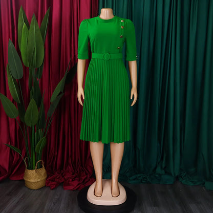 Elegant Office Pleated Dresses for Woman 2024 O Neck Buttons Belt Waisted Mid Calf Fashion Female Business Work Wear Dress Midi