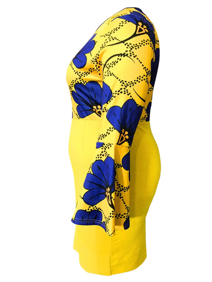LW BASICS Plus Size Floral Print Flared Bodycon Dress Autumn Elegant Long Sleeve Round Neck Dresses for women 2023