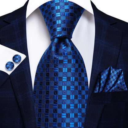 Hi-Tie Peacock Blue Novelty Designer Silk Wedding Tie For Men Hanky Cufflinks Gift Mens Fashion Necktie Set Business Party