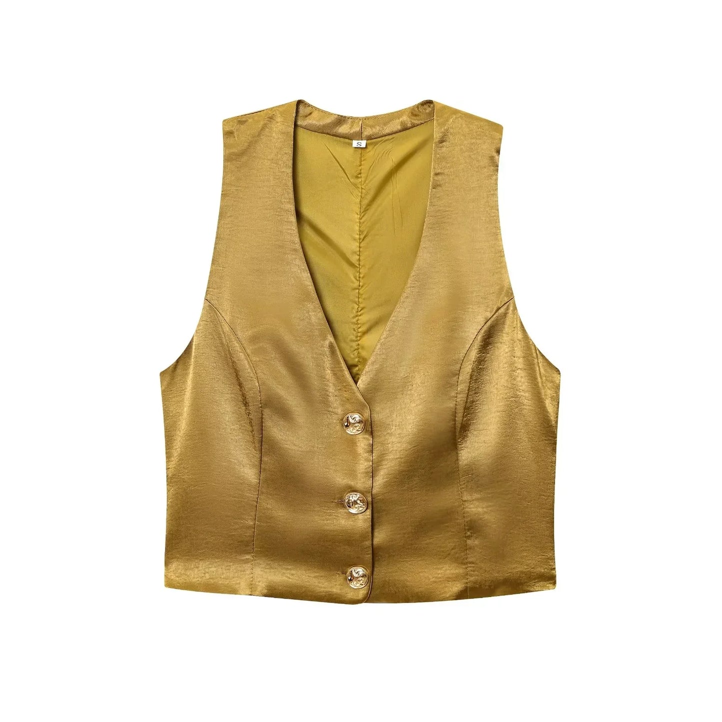 KONDALA Casual Chic Yellow Satin Women Suits V Neck Buttons Vest High Waist Wide Leg Pants Fashion 2025 Summer Holiday Suits