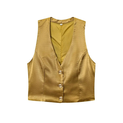 KONDALA Casual Chic Yellow Satin Women Suits V Neck Buttons Vest High Waist Wide Leg Pants Fashion 2025 Summer Holiday Suits