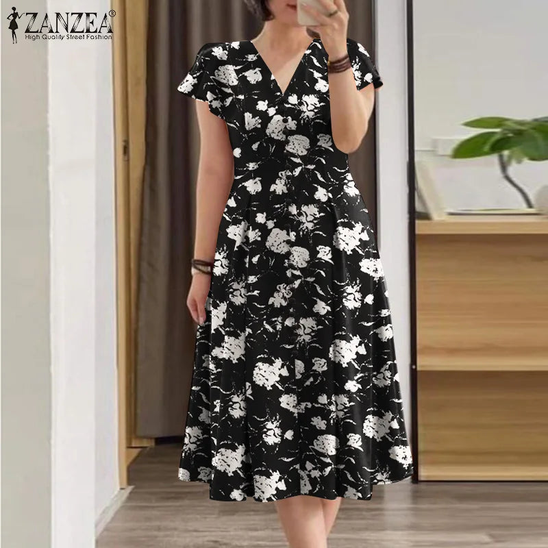 ZANZEA Fashion Floral Print Women Midi Dresses 2024 Summer Ruffle Sleeve V Neck A-line Vestido Casual Cinch Waist Party Sundress