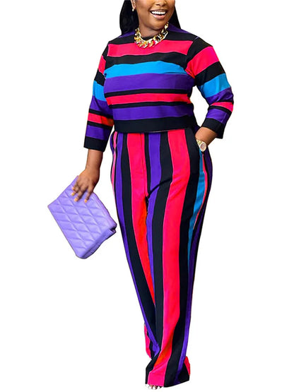 Wmstar Plus Size Two Piece Women Clothing Long Sleeve Crop Top and Pants Sets Striped Matching Set Wholesale Dropshopping 2023