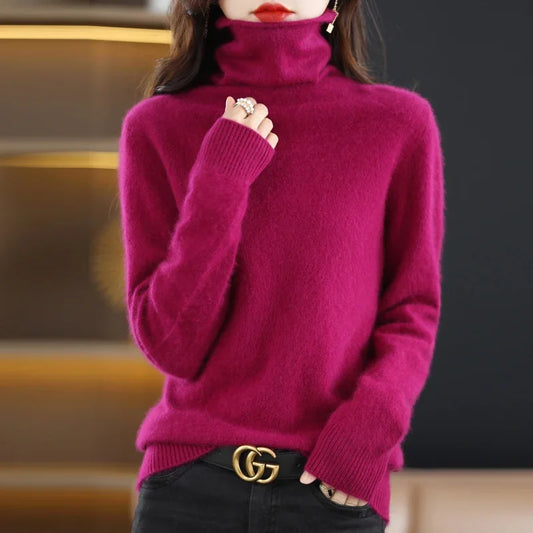 High Collar Mink Cashmere Sweater Women's Pullover 2024 Autumn/Winter Knitted Sweater Loose Bottom Fashion Basic Top