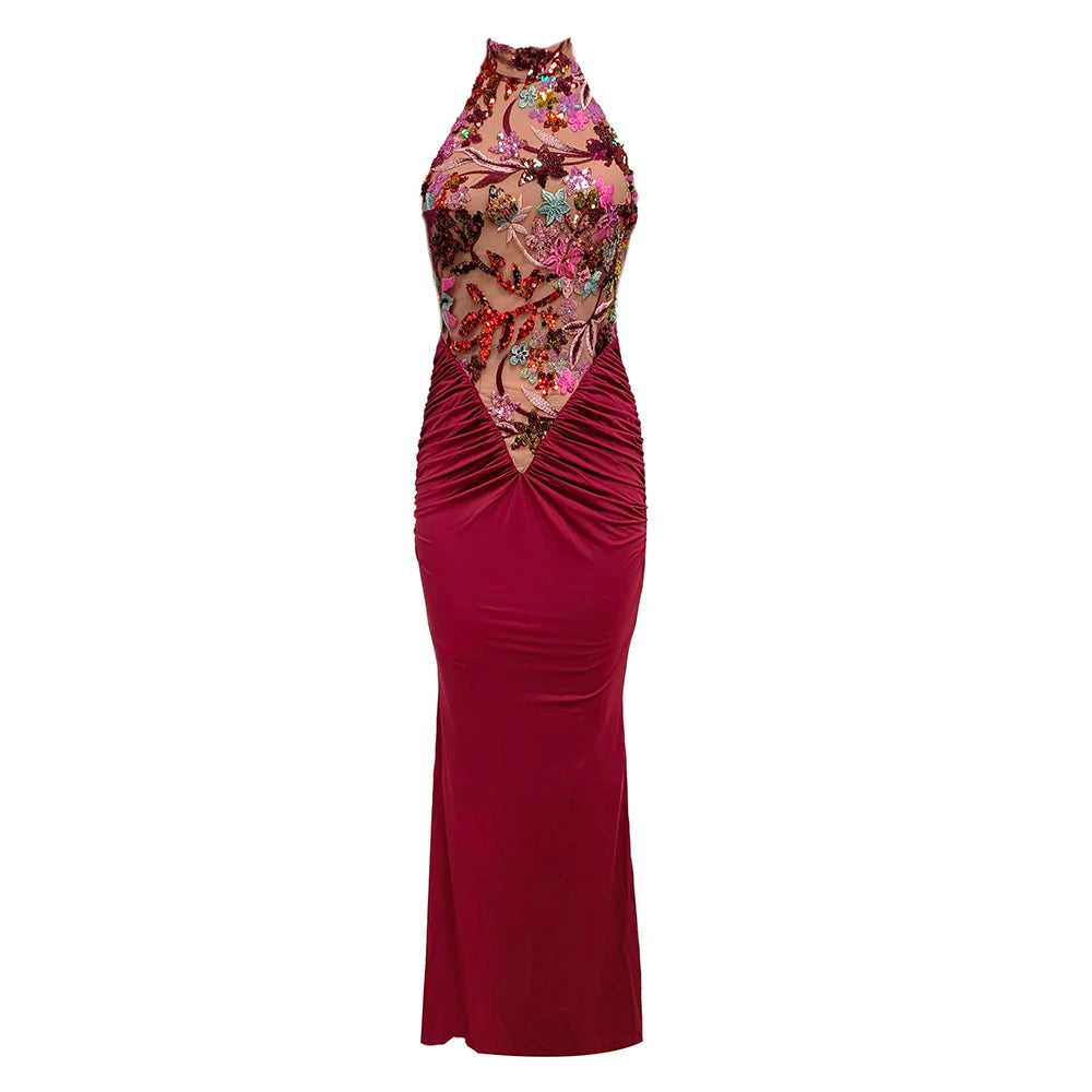 Sexy Red Floral High-Neck Bodycon Dress with Pleated Detailing – Halter Sleeveless Evening Gown | Stylish Party Wear