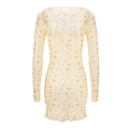 Spring Women Mini Dresses Sexy Lace Print See Through Dresses Fashion Long Sleeves Casual Slim Elegant Female Club Party Dress