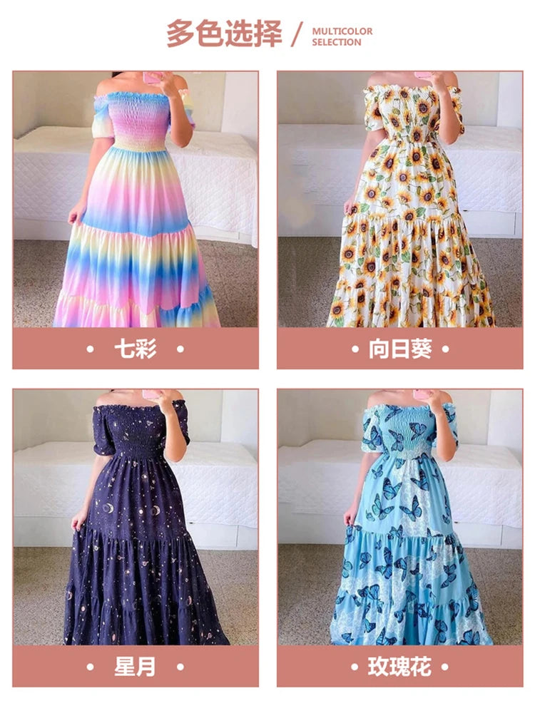 Spring Summer Sexy Off Shoulder Maxi Dress Woman Fashion Flower Print Short Sleeve Dresses For Women 2023 Elegant Party Robe