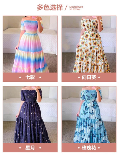 Spring Summer Sexy Off Shoulder Maxi Dress Woman Fashion Flower Print Short Sleeve Dresses For Women 2023 Elegant Party Robe