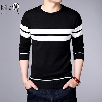 New Men's Casual Long Sleeved Striped Round Neck Knitted Sweater Comfortable Fashionable Breathable and Versatile Top