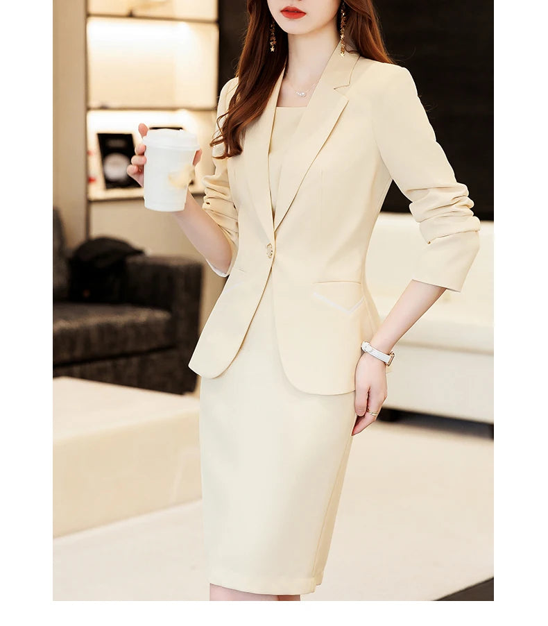 Yitimuceng Women Elegant Office Dress Set Slim Fit Fashionable Monochromatic Single Button New 2 Pcs Set