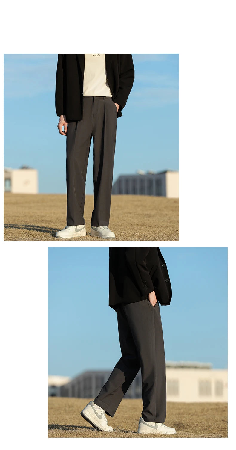 Spring Summer Men Suit Pants Wide Leg Long Drape Trousers Fashion Streetwear Clothing Solid Stretch Waist Oversize Pants Black