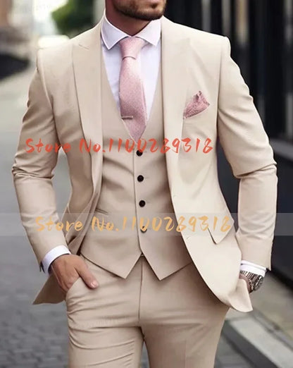 Pink Luxury Men's Suits Terno Formal Outfits 3 Piece Jacket Pants With Vest Slim Fit Luxury Costume Homme Formal Occasion Terno