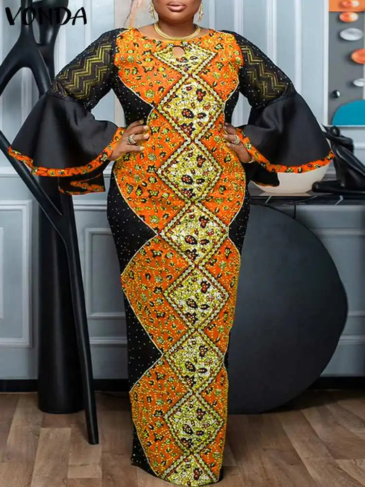 VONDA Women Summer Maxi Dress 2025 Vintage 3/4 Sleeve Printing Sundress Beach Robe Bohemian Bat-wing Sleeve Vestidos Polyester