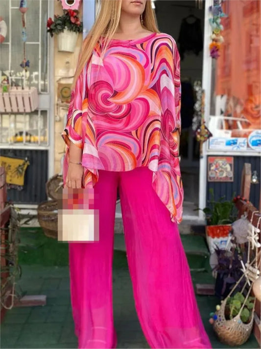 2024 Women's Summer New Fashion Colorful Chiffon Set Casual Round Neck Printed Loose Casual Two Piece Set For Women
