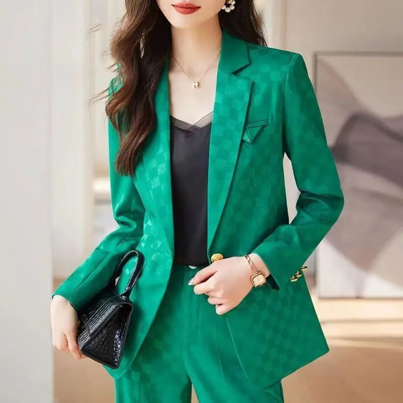 Women's Spring Autumn New Fashion Plaid Professional Suit Jacket Matching Set Korean Elegant Casual Blazers Pants Two Piece