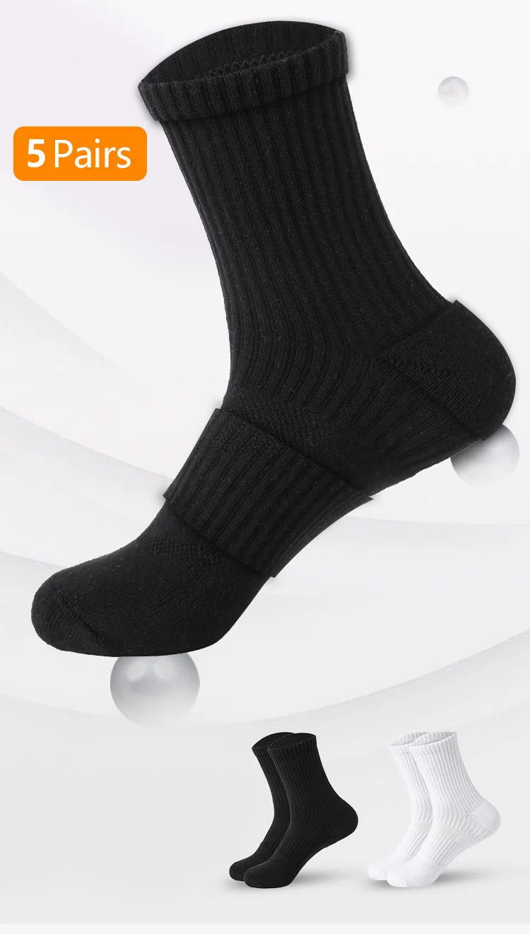 Mens Moisture Wicking Outdoor Hiking Work Cotton Socks Compression Cushion Crew Socks Leisure Men Black Socks 5 Pairs