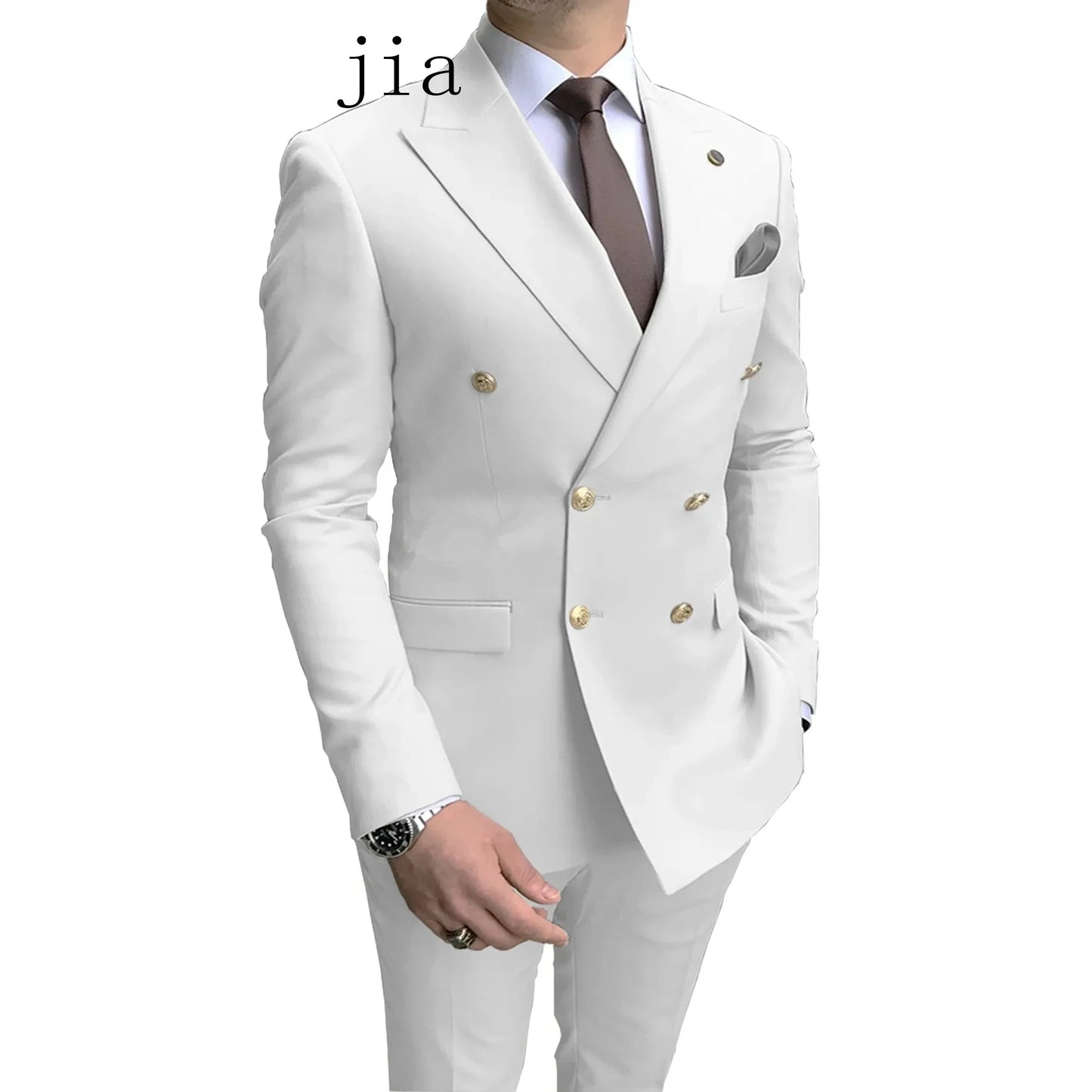 2024 Fashion New Men's Business Double Breasted Solid Color Suit Coat / Male Slim Wedding 2 Pieces Blazers Jacket Pants Trousers