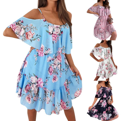 Women'S Spring/Summer New 2024 European And American Chiffon Printing Sexy Off Shoulder Strap Large Swing Ruffle Edge Dress