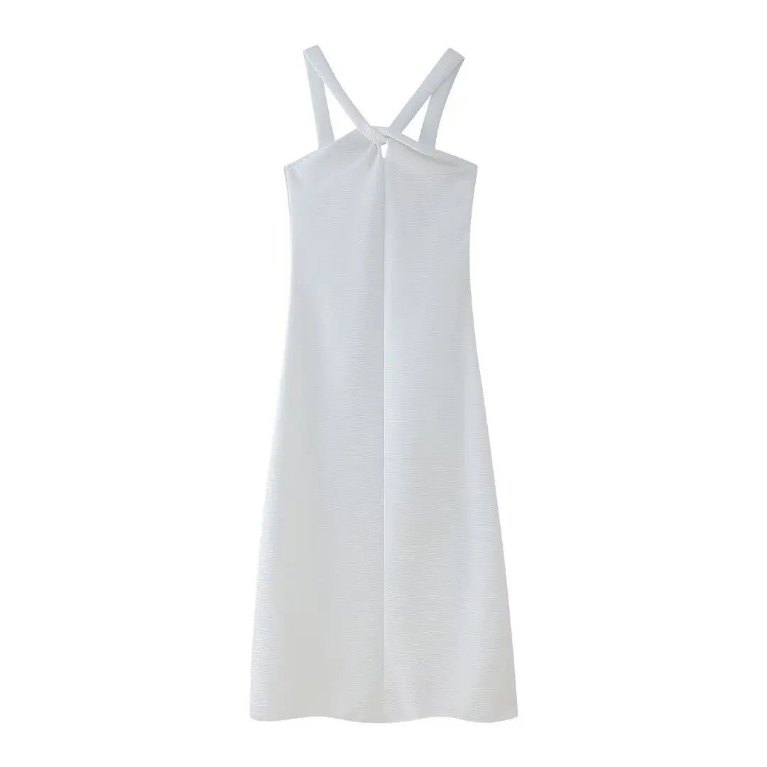 2025 Spring Women's High Street Sexy White Off-the-shoulder Halter Pleated Floor-length Dress Fashion Sleeveless Loose Dress