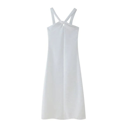 2025 Spring Women's High Street Sexy White Off-the-shoulder Halter Pleated Floor-length Dress Fashion Sleeveless Loose Dress