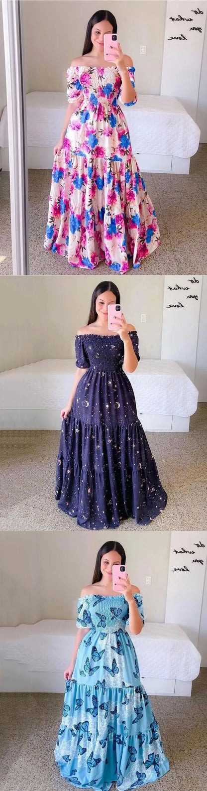 Spring Summer Sexy Off Shoulder Maxi Dress Woman Fashion Flower Print Short Sleeve Dresses For Women 2023 Elegant Party Robe