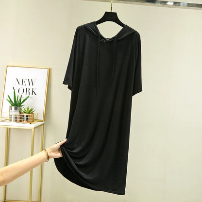 Spring Summer Hooded dress half sleeves Modal Casual Loose Long dress Solid colors female clothing streetwear