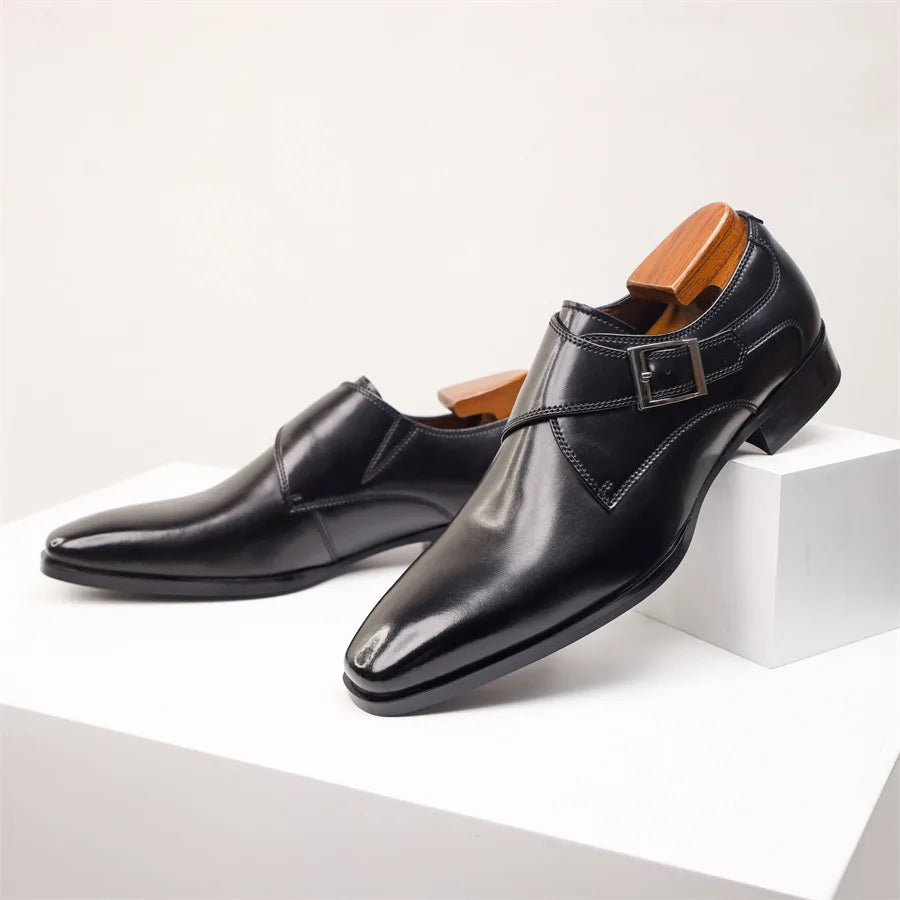 Newest Men's Cow Leather Shoes Buckle Pointed Dress Shoes Men Classic Business Formal Social Office Party Wedding Shoes